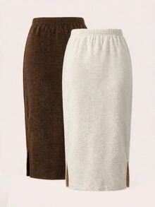 SHEIN LUNE 2PCS Women Solid Color Elastic Waist Skirts Work Office Home Outfits For Women Going Out Dark Brown Beige Autumn/Winter Casual Basic - Multicolor - View 2