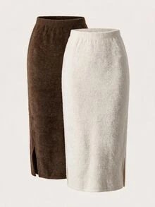 SHEIN LUNE 2PCS Women Solid Color Elastic Waist Skirts Work Office Home Outfits For Women Going Out Dark Brown Beige Autumn/Winter Casual Basic - Multicolor - View 3