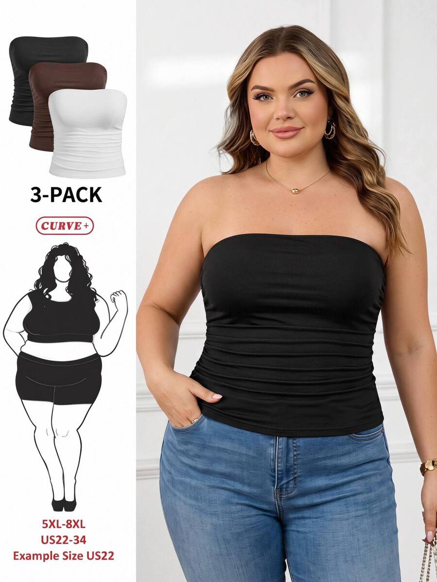 SHEIN CURVE+ 3件套加大码女式抹胸上衣基础款 - 彩色 - 查看 1