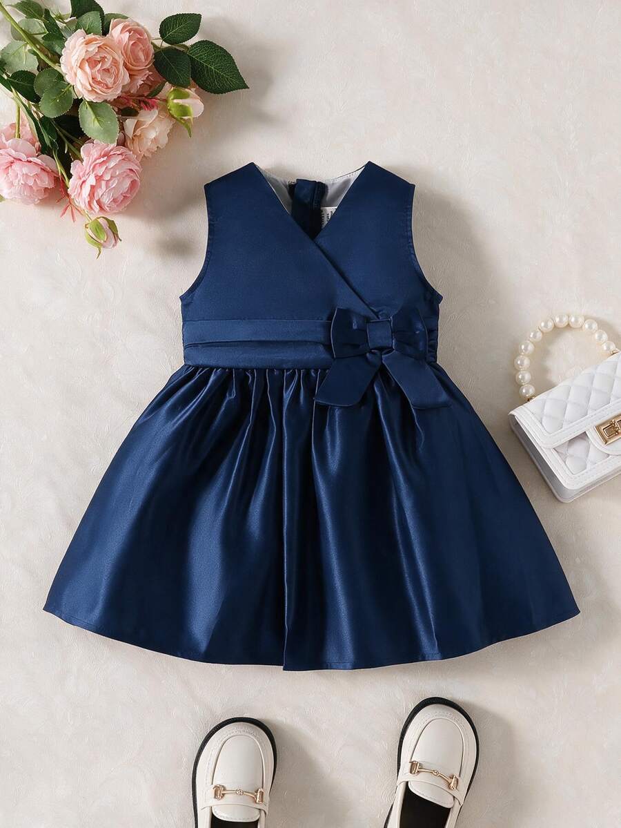 Souflis Souflis Baby Girl Solid Bow Front Wrap Detail Dress - Navy Blue - View 1