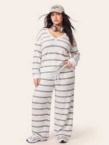 Comfortcana Women's Plus Size V-Neck Long Sleeve Top And Drawstring Long Pants Loose Striped Two Pieces Set Winter - Multicolor - View 7