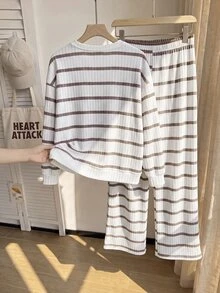 Comfortcana Women's Plus Size V-Neck Long Sleeve Top And Drawstring Long Pants Loose Striped Two Pieces Set Winter - Multicolor - View 3