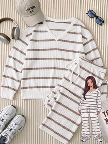 Comfortcana Women's Plus Size V-Neck Long Sleeve Top And Drawstring Long Pants Loose Striped Two Pieces Set Winter - Multicolor - View 6