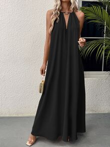 Hotletica Women's Solid Color Simple Daily Wear Swing Neck Halter Dress Maxi Vacation Beach Outfit - Black - View 4