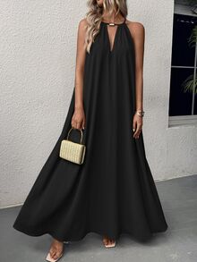 Hotletica Women's Solid Color Simple Daily Wear Swing Neck Halter Dress Maxi Vacation Beach Outfit - Black - View 6