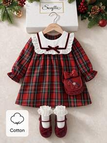 Souflis Souflis 幼女秋季紅色格紋長袖公主洋裝，蘇格蘭格子印花聖誕節假日套裝，優雅派對穿著，6個月 - 3歲 - 酒紅色 - 查看 12