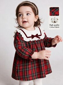 Souflis Souflis 幼女秋季紅色格紋長袖公主洋裝，蘇格蘭格子印花聖誕節假日套裝，優雅派對穿著，6個月 - 3歲 - 酒紅色 - 查看 2