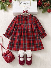Souflis Souflis 幼女秋季紅色格紋長袖公主洋裝，蘇格蘭格子印花聖誕節假日套裝，優雅派對穿著，6個月 - 3歲 - 酒紅色 - 查看 3