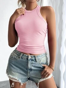 SHEIN Women's Plain Sleeveless Casual Tank Top, Minimalist And Fashionable For Daily Wear - Pink - View 4