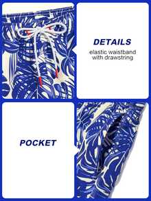 Manfinity Swimmode 情侶套裝泳衣，藍白花卉夏季波西米亞風度假泳池派對，熱帶植物印花男士沙灘短褲 - 藍色 - 查看 6