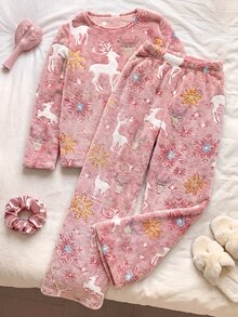 Comfortcana Plus Size Christmas Pink Home Party Fun Glow-In-The-Dark Fabric Plush Casual Cute Reindeer Set - Pink - View 7