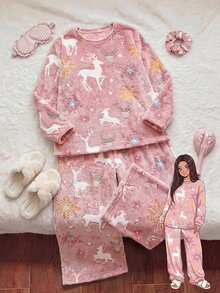 Comfortcana Plus Size Christmas Pink Home Party Fun Glow-In-The-Dark Fabric Plush Casual Cute Reindeer Set - Pink - View 6