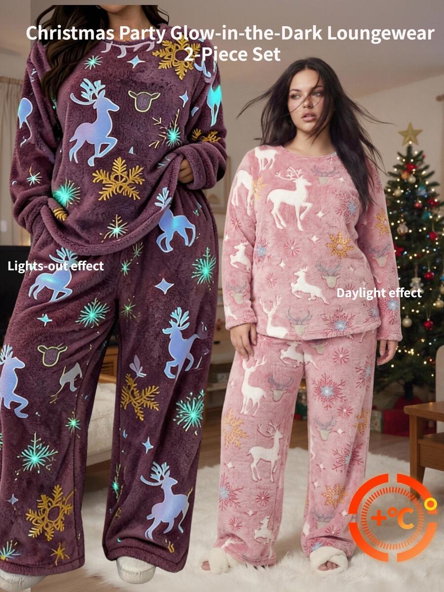 Comfortcana Plus Size Christmas Pink Home Party Fun Glow-In-The-Dark Fabric Plush Casual Cute Reindeer Set - Pink - View 1
