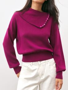 Maija Urban Purple Red Autumn/Winter Women's Knit Top With Asymmetrical Shoulder, Loose Fit And Button Decor - Red Violet - View 3