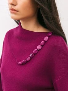 Maija Urban Purple Red Autumn/Winter Women's Knit Top With Asymmetrical Shoulder, Loose Fit And Button Decor - Red Violet - View 4