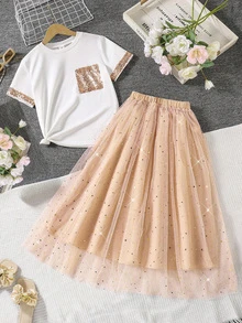 SHEIN Tween Girls 2pcs/Set Sequins Decor Round Neck Short Sleeve Top Tee And Elegant Sparkly Mesh Mini Skirt Set, Spring And Summer,Holiday - Pink - View 4
