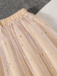 SHEIN Tween Girls 2pcs/Set Sequins Decor Round Neck Short Sleeve Top Tee And Elegant Sparkly Mesh Mini Skirt Set, Spring And Summer,Holiday - Pink - View 6