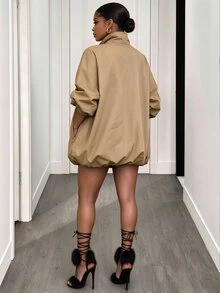 BamGleam Women's Solid Color Zipper Casual Versatile Daily Travel Trench Coat Jacket - Khaki - View 2