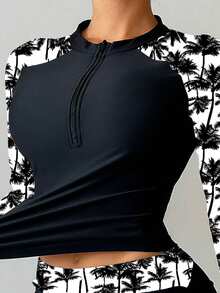 SHEIN Swim Women's Palm Tree Print Long Sleeve Tankini, For Swimming,Summer Beach - Black and White - View 3