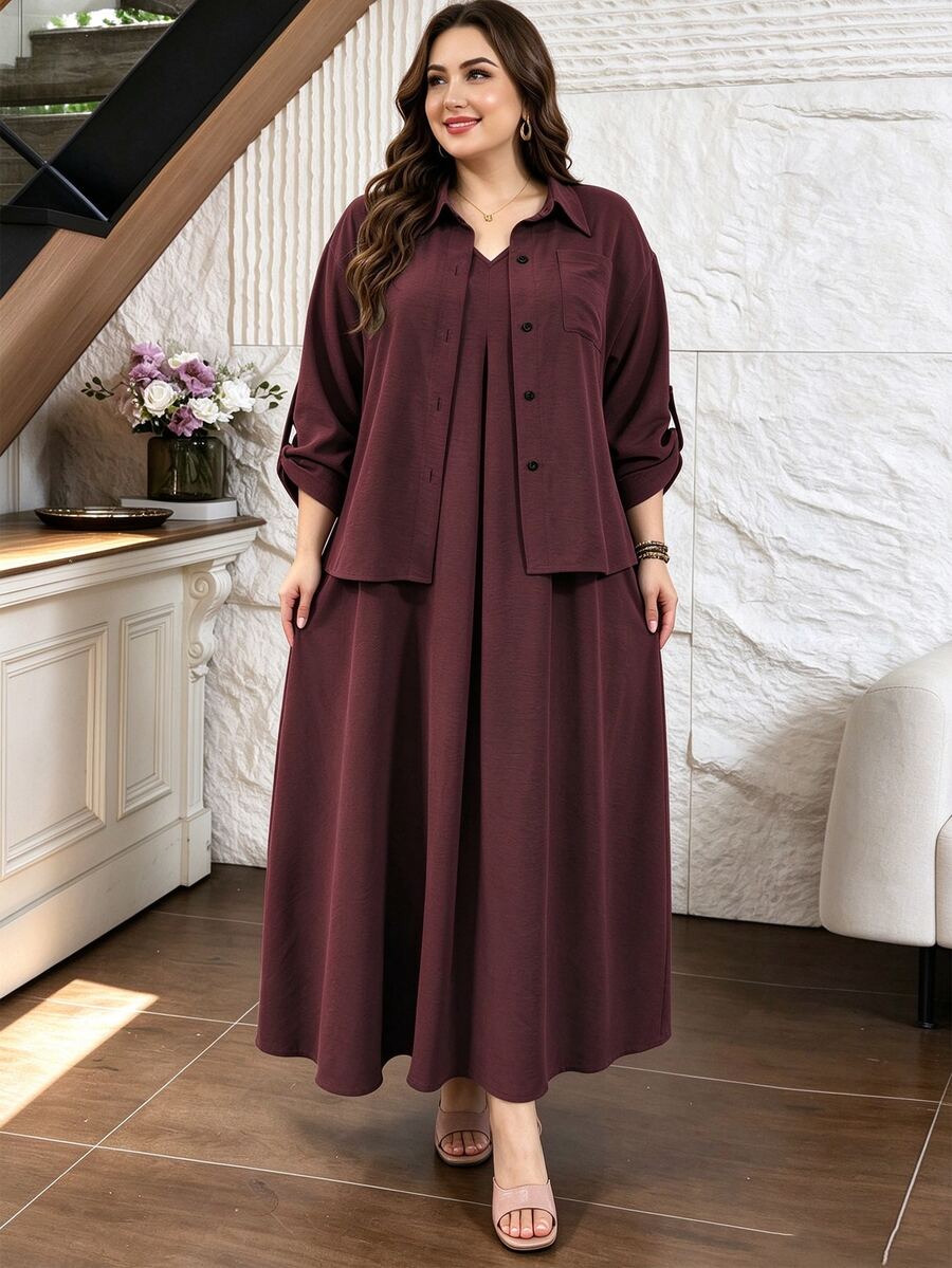 Lacomfia Army Green 2 Pieces Set Shirt And Sleeveless Dress, Loose Comfortable Minimalist Casual Everyday Versatile Plus Size - Red - View 1