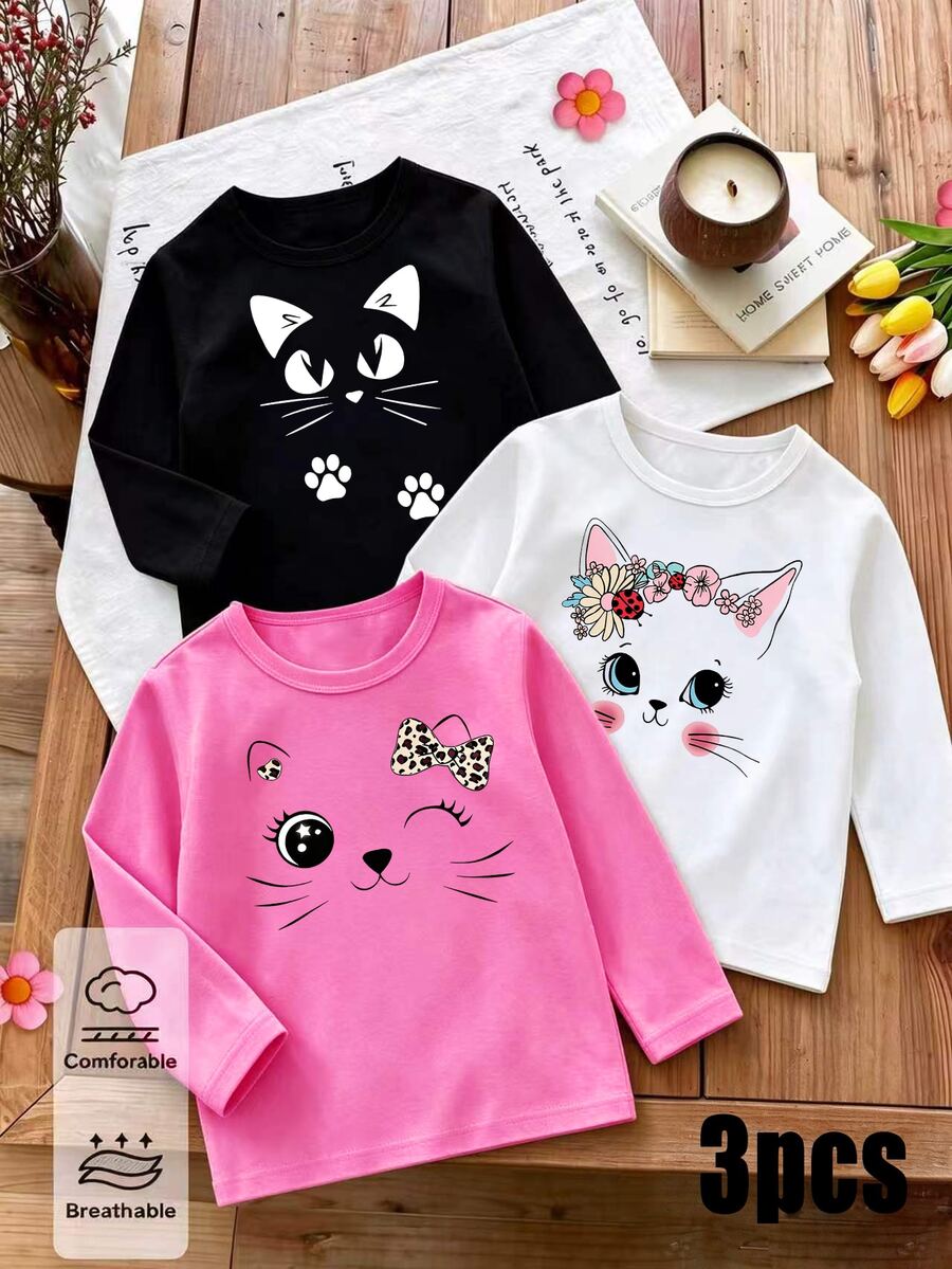 3-Piece Cartoon Print Round Neck Long Sleeve Casual Top For Baby Girls