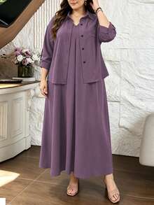 Lacomfia Army Green 2 Pieces Set Shirt And Sleeveless Dress, Loose Comfortable Minimalist Casual Everyday Versatile Plus Size - Purple - View 6