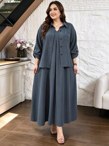 Lacomfia Army Green 2 Pieces Set Shirt And Sleeveless Dress, Loose Comfortable Minimalist Casual Everyday Versatile Plus Size - Dusty Blue - View 1