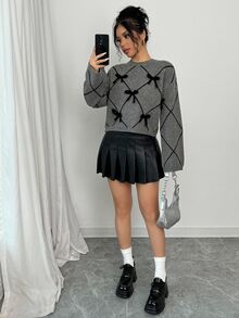 valorelle valorelle 女士蝴蝶结装饰圆领落肩长袖休闲针织衫，秋冬季，长袖套头针织衫 - 深灰色 - 查看 6