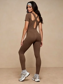Eassivo Eassivo Women's Mocha Sculpting Short Sleeve Cutout Back Cross Jumpsuit - Multicolor - View 6