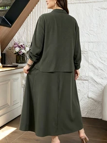 Lacomfia Army Green 2 Pieces Set Shirt And Sleeveless Dress, Loose Comfortable Minimalist Casual Everyday Versatile Plus Size - Army Green - View 2