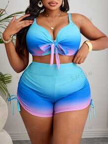 Slaydiva Plus Size Women Gradient Print Underwire Push Up Halter Tankini Top & Side Drawstring Square Hem Bottoms Light Blue Summer Beach Vacation Holiday Set - Multicolor - View 2