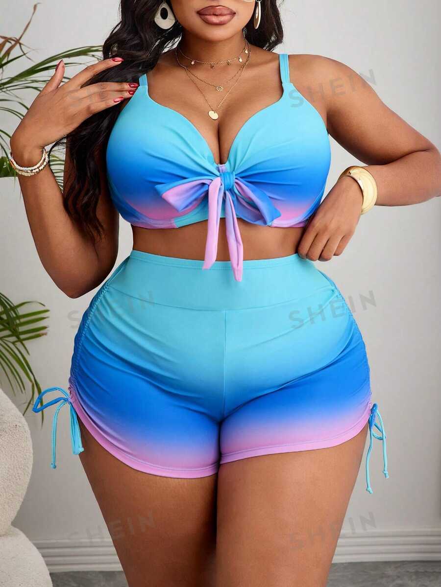 Slaydiva Plus Size Women Gradient Print Underwire Push Up Halter Tankini Top & Side Drawstring Square Hem Bottoms Light Blue Summer Beach Vacation Holiday Set