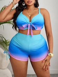 Slaydiva Plus Size Women Gradient Print Underwire Push Up Halter Tankini Top & Side Drawstring Square Hem Bottoms Light Blue Summer Beach Vacation Holiday Set - Multicolor - View 5