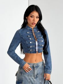 StreetHx Fashion Preppy Casual Street Y2K Palace Style Patchwork Multi-Button Denim Night Out Going Out Fall - Medium Wash - View 6