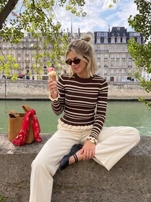SHEIN PariChic Round Neck Ruffle Trim Slim Fit Knit Top, Fall/ Brunch Office Brown Striped French Casual - Coffee Brown - View 4