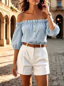 Balvessa New Arrival French Style Off-Shoulder Petal Sleeve Top - Baby Blue - View 4