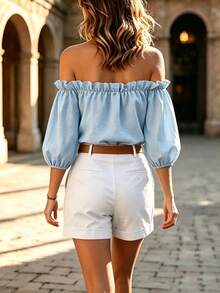 Balvessa New Arrival French Style Off-Shoulder Petal Sleeve Top - Baby Blue - View 2