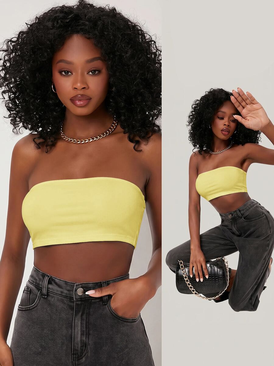 SHEIN BASICS 純色抹胸短版上衣/夏季外出夜生活黑色基礎極簡性感端莊簡約 - 淡黃色 - 查看 1