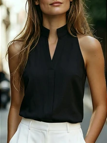 Elafinee Women's Sleeveless Stand Collar Pure Cotton Shirt, Multifunctional And Slimming - Black - View 6