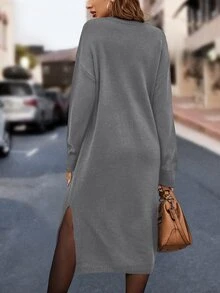 SHEIN LUNE 女款素色百搭圓領長袖雙側開衩針織洋裝 - 灰色 - 查看 2