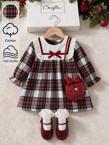 Souflis Souflis 1件幼兒女童紅色格紋長袖洋娃娃洋裝，優雅派對套裝，節日服飾，6個月至3歲，秋季洋裝 - 紅白色 - 查看 3