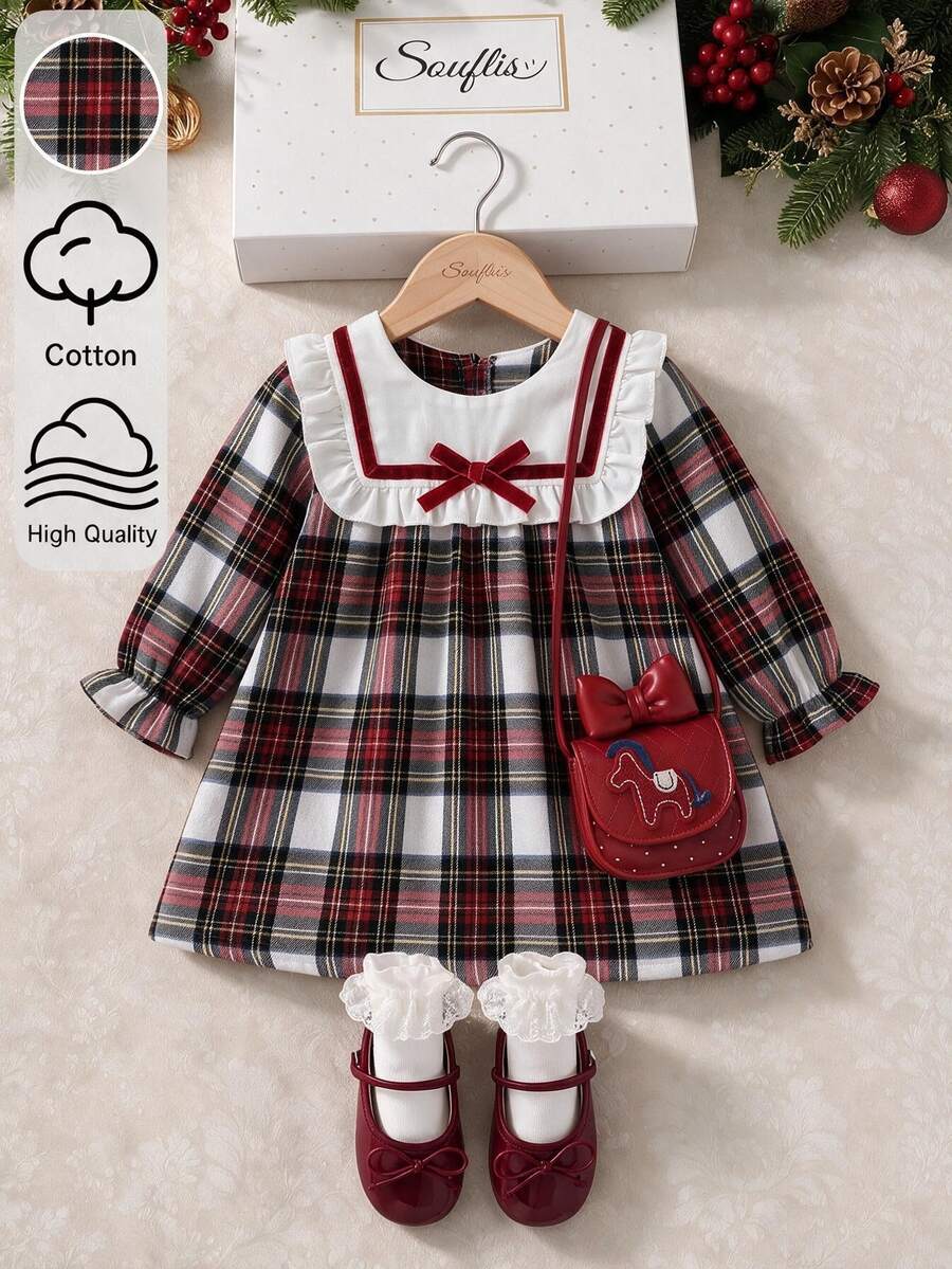 Souflis Souflis 1件幼兒女童紅色格紋長袖洋娃娃洋裝,優雅派對套裝,節日服飾,6個月至3歲,秋季洋裝 - 紅白色 - 查看 1