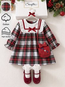 Souflis Souflis 1件幼兒女童紅色格紋長袖洋娃娃洋裝，優雅派對套裝，節日服飾，6個月至3歲，秋季洋裝 - 紅白色 - 查看 7