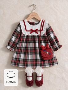 Souflis Souflis 1件幼兒女童紅色格紋長袖洋娃娃洋裝，優雅派對套裝，節日服飾，6個月至3歲，秋季洋裝 - 紅白色 - 查看 1