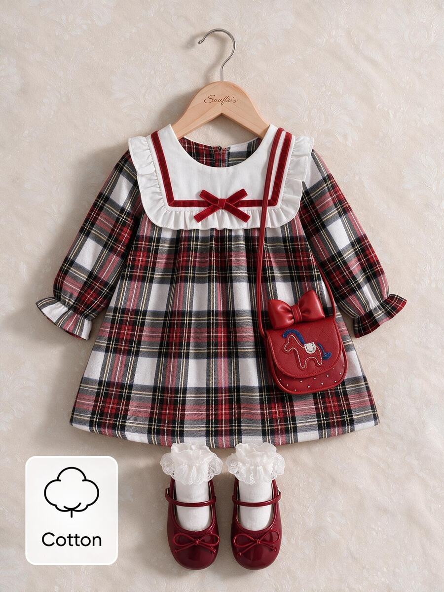 Souflis Souflis 1件幼兒女童紅色格紋長袖洋娃娃洋裝,優雅派對套裝,節日服飾,6個月至3歲,秋季洋裝 - 紅白色 - 查看 1