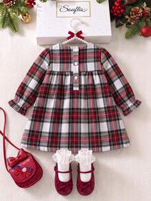 Souflis Souflis 1件幼兒女童紅色格紋長袖洋娃娃洋裝，優雅派對套裝，節日服飾，6個月至3歲，秋季洋裝 - 紅白色 - 查看 2