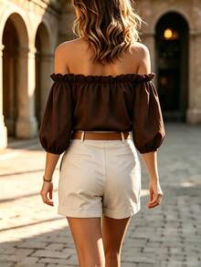 Balvessa New Arrival French Style Off-Shoulder Petal Sleeve Top - Coffee Brown - View 2