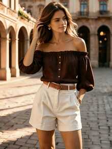 Balvessa New Arrival French Style Off-Shoulder Petal Sleeve Top - Coffee Brown - View 4