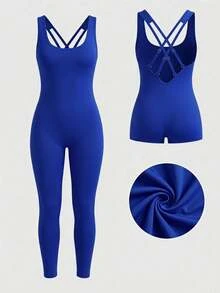 SHEIN Core Rhythm جمبسوت نسائي مقاس كبير بلون موحد بتصميم تنحيف وتشكيل ورفع الصدر - أزرق غامق - مشاهدة 1