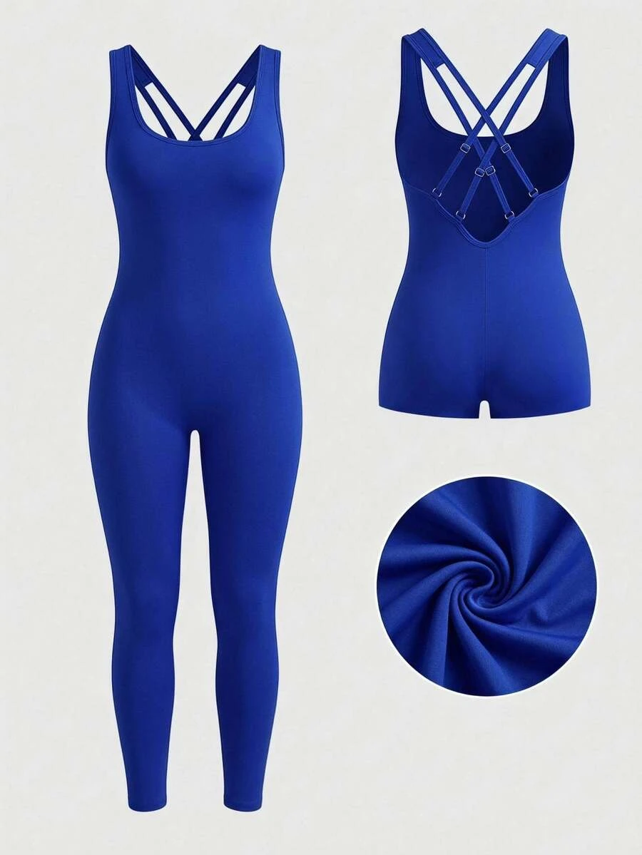SHEIN Core Rhythm جمبسوت نسائي مقاس كبير بلون موحد بتصميم تنحيف وتشكيل ورفع الصدر - أزرق غامق - مشاهدة 1